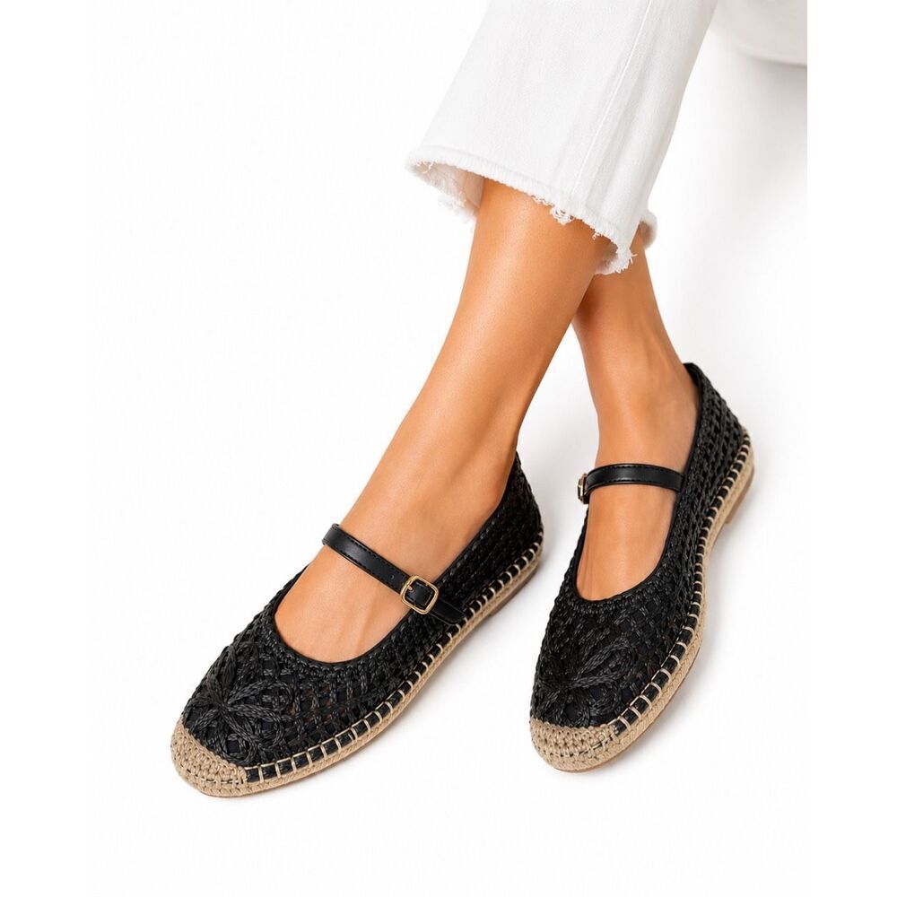 Woven Mary Jane Espadrille Flats Black Resortwear Coastal Chic Size 8 NIB